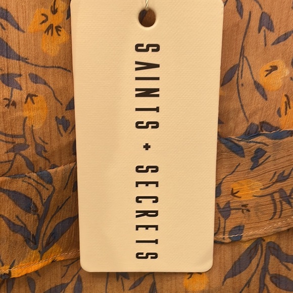 Sheer dress with ruffles. Yellow/mocha with blue/yellow flowers. Fully Lined. - Picture 5 of 5